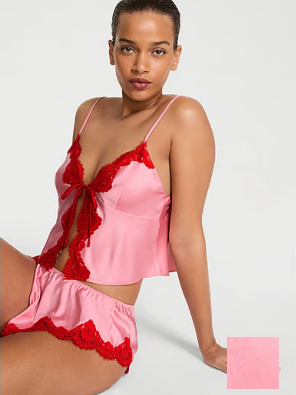 Victoria's Secret Pink Satin Cami & Red Lace Trim Set flutter shorts set angel
